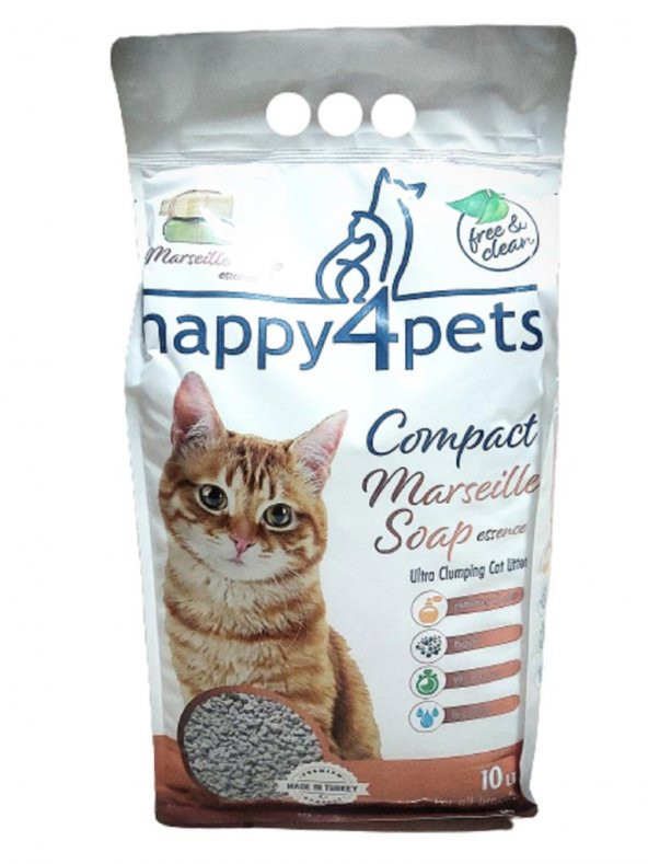 Happy4Pets Topaklaşan Kedi Kumu Marsilya Sabun Kokulu İnce Taneli 10 LT