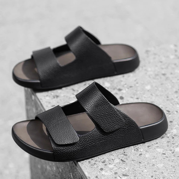 Erkek Deri Plaj Sandalet Terlik (Siyah)