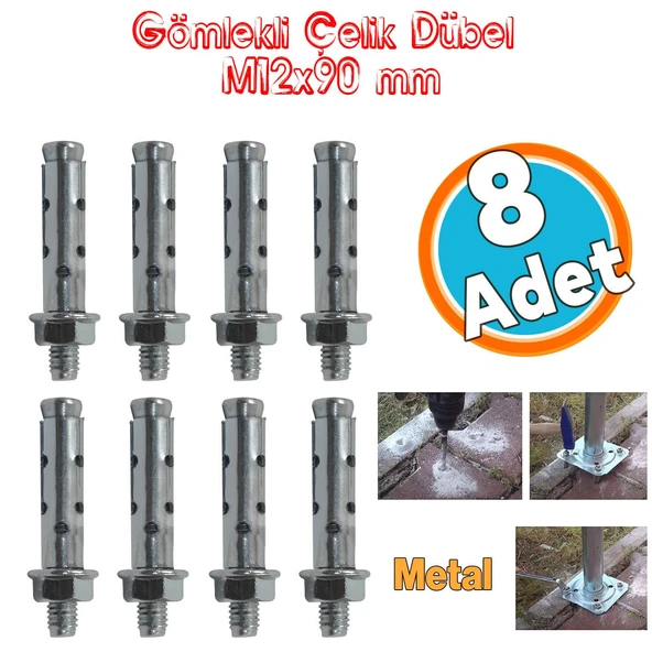 Saplamalı Dübel Gömlek Çelik Dübel M12x90 mm Raf Montaj Bağlantı Zemin Monte Tavan Beton 8 Adet