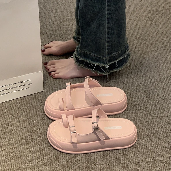 Kadın Yazlık Düz Topuklu PU Deri Terlik (Pembe)