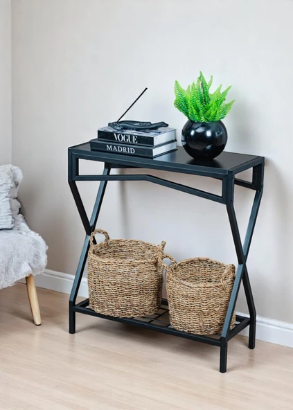 DEKORATİF METAL DRESUAR SİYAH AHŞAP RAFLI STAND ÇOK AMAÇLI SALON VE HOL RAFI - 3
