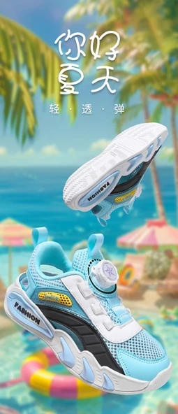 Unisex Çocuk Yazlık Fileli Spor Ayakkabı (Siyah - Mavi) - Resim 8