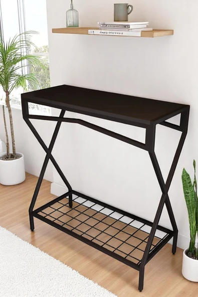 DEKORATİF METAL DRESUAR SİYAH AHŞAP RAFLI STAND ÇOK AMAÇLI SALON VE HOL RAFI - 4