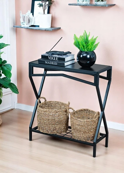DEKORATİF METAL DRESUAR SİYAH AHŞAP RAFLI STAND ÇOK AMAÇLI SALON VE HOL RAFI - 1