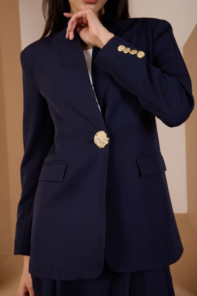Lacivert Salaş Kesim Düğme Detaylı Dokuma Blazer Ceket - 4