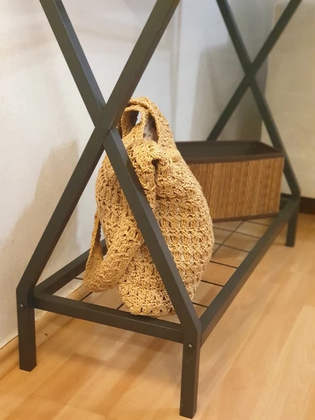 DEKORATİF METAL DRESUAR SİYAH AHŞAP RAFLI STAND ÇOK AMAÇLI SALON VE HOL RAFI - 8