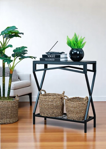DEKORATİF METAL DRESUAR SİYAH AHŞAP RAFLI STAND ÇOK AMAÇLI SALON VE HOL RAFI - 7