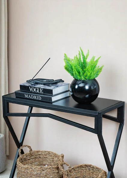 DEKORATİF METAL DRESUAR SİYAH AHŞAP RAFLI STAND ÇOK AMAÇLI SALON VE HOL RAFI - 6