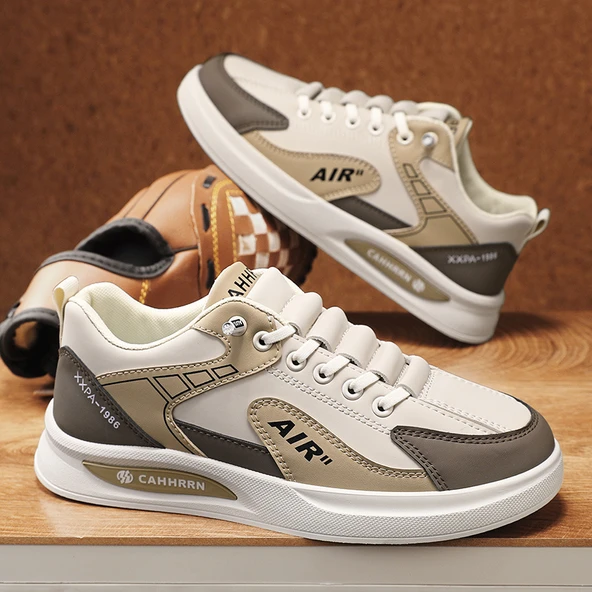 Erkek Deri Panel Sneaker Günlük Ayakkabı (Bej Kahverengi-2)