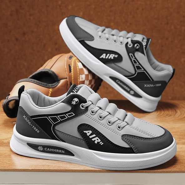 Erkek Deri Panel Sneaker Günlük Ayakkabı (Beyaz Gri-1)