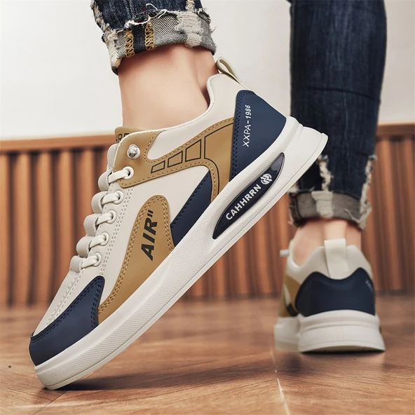 Erkek Deri Panel Sneaker Günlük Ayakkabı (Bej Kahverengi-2) - 6