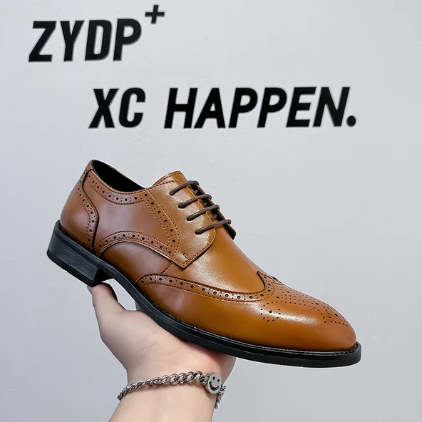 Erkek Brogue Oyma Deri Derby Ayakkabı (Sarı)