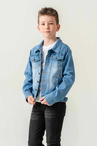 Çift Cepli Düğmeli Kot Erkek Çocuk Ceket - Resim 10