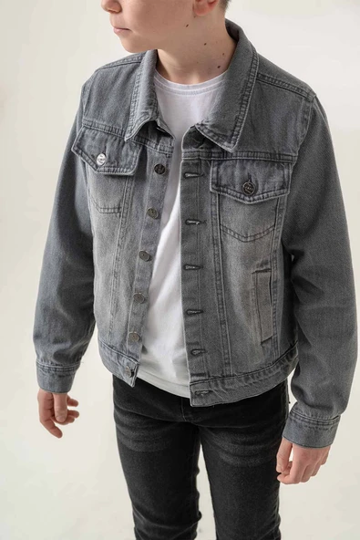 Çift Cepli Düğmeli Kot Erkek Çocuk Ceket - Resim 5