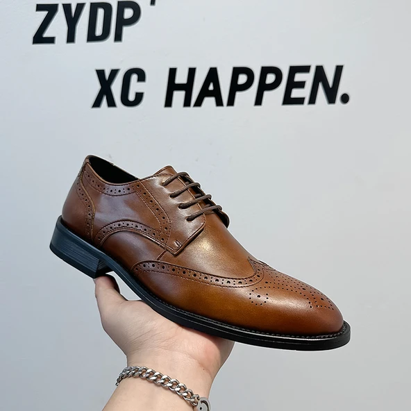Erkek Brogue Oyma Deri Derby Ayakkabı (Haki)