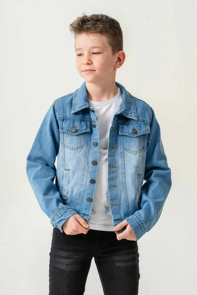 Çift Cepli Düğmeli Kot Erkek Çocuk Ceket - Resim 11