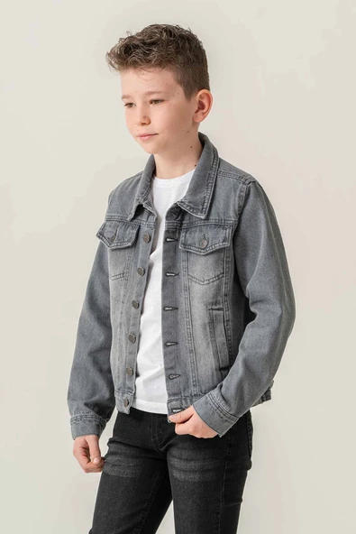 Çift Cepli Düğmeli Kot Erkek Çocuk Ceket - Resim 6