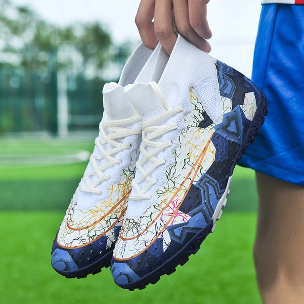 Unisex Yüksek Bilekli Krampon Futbol Ayakkabısı (Beyaz - Mor)