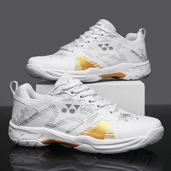 Unisex Badminton ve Masa Tenisi Ayakkabısı (Beyaz - Altın)