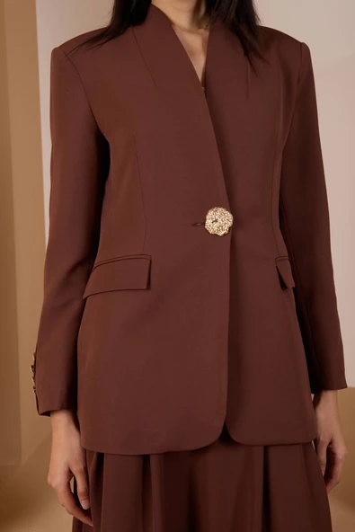 Acı Kahve Salaş Kesim Düğme Detaylı Dokuma Blazer Ceket - 4