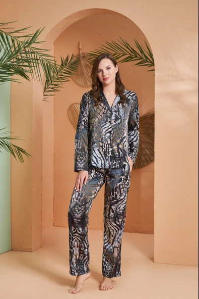 Pjs 27073 Kadın Özel Kutulu Saten Önden Düğmeli Uzun Kollu Pijama Takım