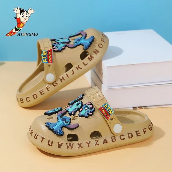 Unisex Çocuk Karikatür Desenli Terlik Sandalet (Haki)
