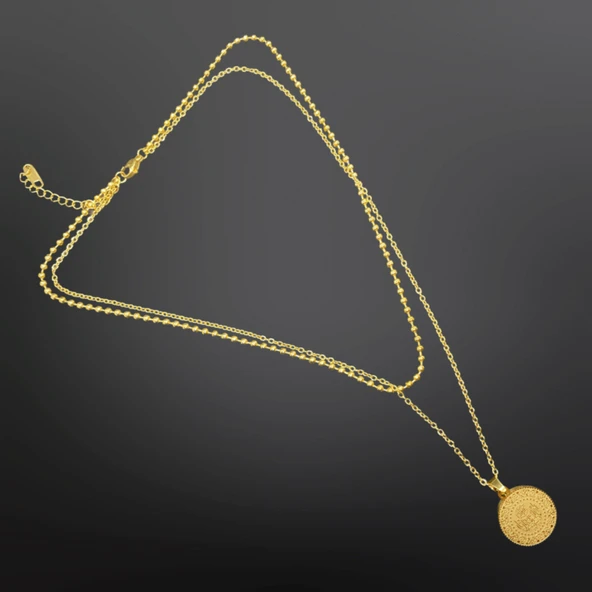 Çift Zincirli Madalyon Model Antialerjik, 316L Çelik Gold Renk Kolye - Nostaljik Esinti ürün görseli 1