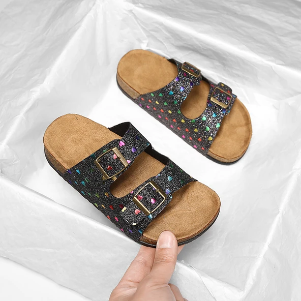 Unisex Çocuk Mantar Sandalet (Siyah Kalp-2) - 4