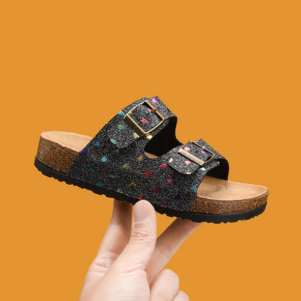 Unisex Çocuk Mantar Sandalet (Siyah Kalp-1)