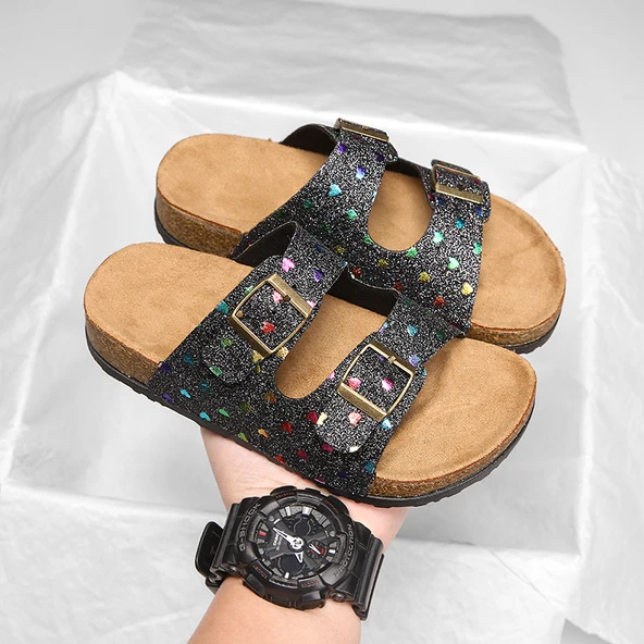 Unisex Çocuk Mantar Sandalet (Siyah Kalp-2) - 2