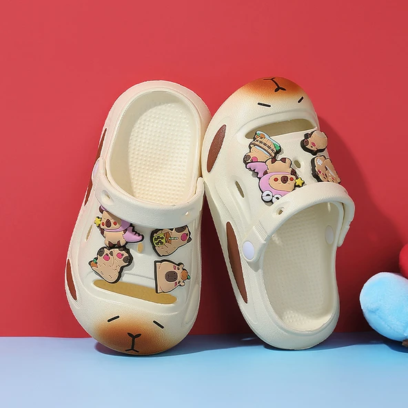 Unisex Çocuk Dinozor Desenli Terlik Sandalet (Süt Tozu Beyazı)