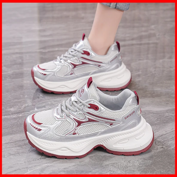 Kadın File Saya Hafif Günlük Spor Ayakkabı (Şarap Kırmızısı-3) - Resim 2