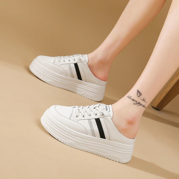 Kadın Topuklu Terlik Sneaker (Beyaz - Siyah)