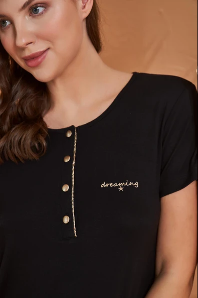 Pjs Dreaming Kadın Gold Detaylı Yaka Düğmeli Kısa Kol Pijama Takım - 3