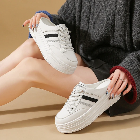 Kadın Topuklu Terlik Sneaker (Beyaz - Siyah) - 7