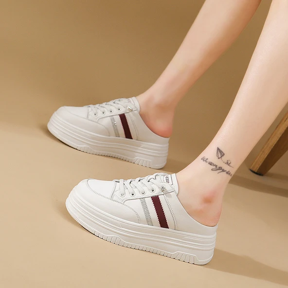 Kadın Topuklu Terlik Sneaker (Beyaz - Kırmızı)