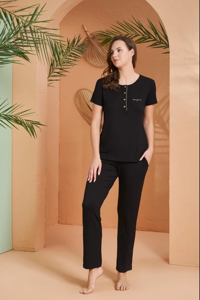 Pjs Dreaming Kadın Gold Detaylı Yaka Düğmeli Kısa Kol Pijama Takım