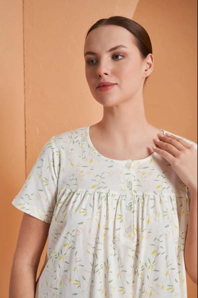 Pjs Kadın Çiçek Desenli Düğmeli Yaka Kısa Kol Gecelik - 2