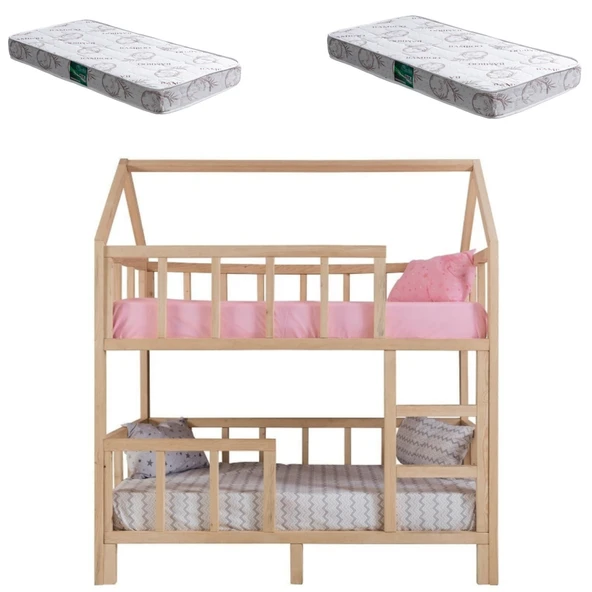 Doğal Ladin Montessori, Ikiz Ranza Montessori Yatak - Ahşap + 2 Adet Comfort Yatak