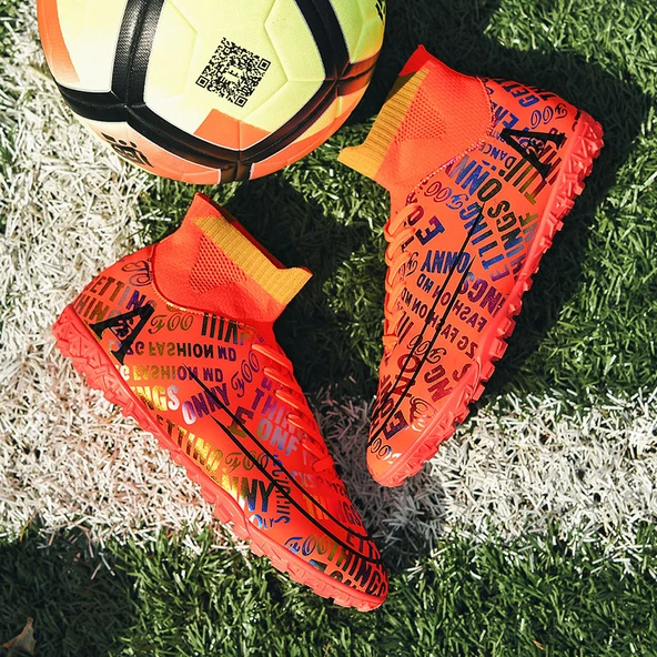 Unisex Yüksek Bilekli Örme Krampon - Halı Saha Futbol Ayakkabısı (Turuncu Çivili Ayakkabı-1) - 3