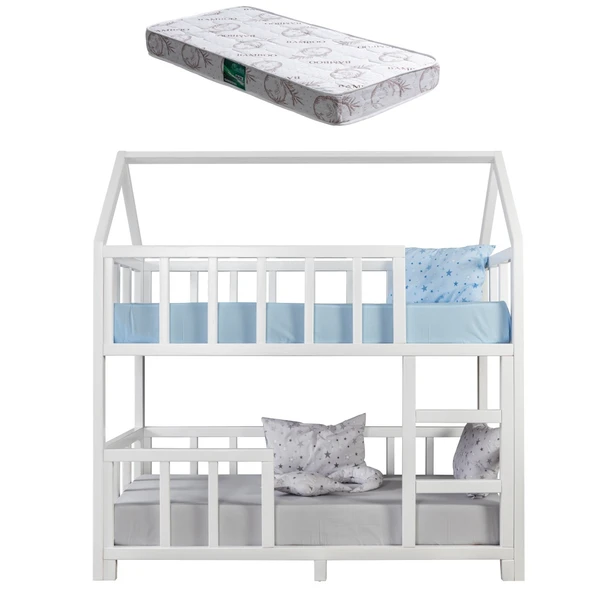 Doğal Ladin Montessori, Ikiz Ranza Montessori Yatak - Beyaz + 2 Adet Comfort Yatak