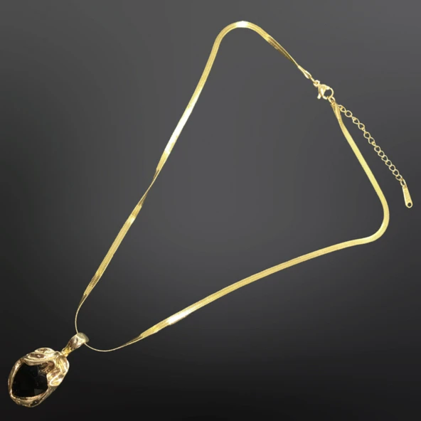 Siyah Onyx Doğal Taşlı Antialerjik, 316L Çelik Gold Renk Kolye - Gizemli Şıklık ürün görseli 1