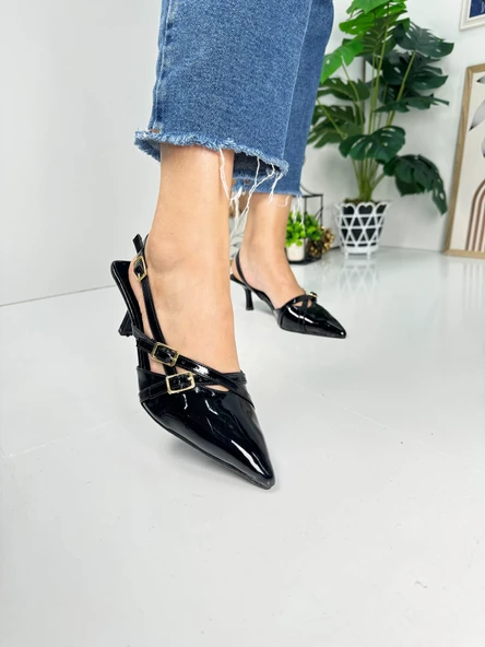 Günlük Kadın Sivri Burun Ayarlanabilir Kemer Detaylı Arkası Açık Klasik İnce Topuklu Ayakkabı 922-64 - 5
