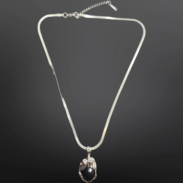 Siyah Onyx Doğal Taşlı İtalyan Zincir Antialerjik, 316L Çelik Gümüş Renk Kolye - Gizemli Şıklık ürün görseli 1