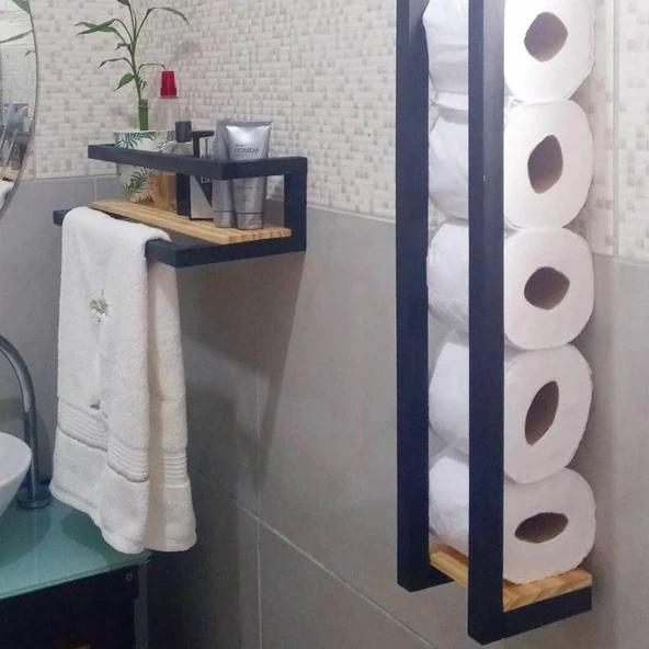 KUZELA  Metal Ahşap Banyo Havluluk Raf Vetuvalet Kağıtlığı Rafı