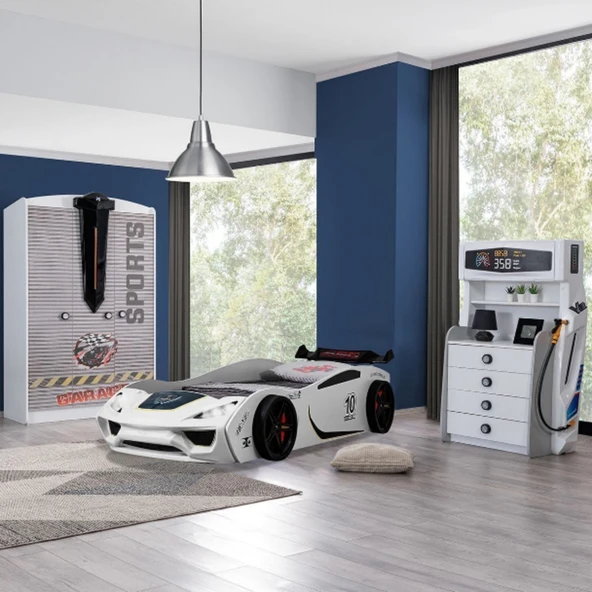 Çocuk Odası - Vento Arabalı Yatak - Sport 3 Kapılı Dolap, Şifonyer - Beyaz
