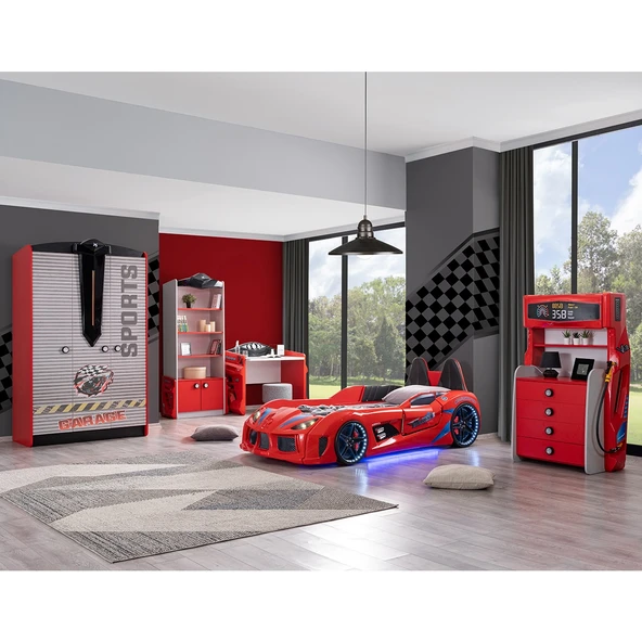 Çocuk Odası - Audi Koltuklu Arabalı Yatak - Sport 3 Kapılı Dolap, Masa, Şifonyer, Kitaplık- Kırmızı