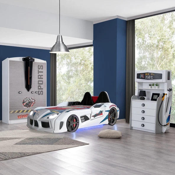 Çocuk Odası - Audi Koltuklu Arabalı Yatak, Sports 3 Kapılı Dolap, Şifonyer - Beyaz