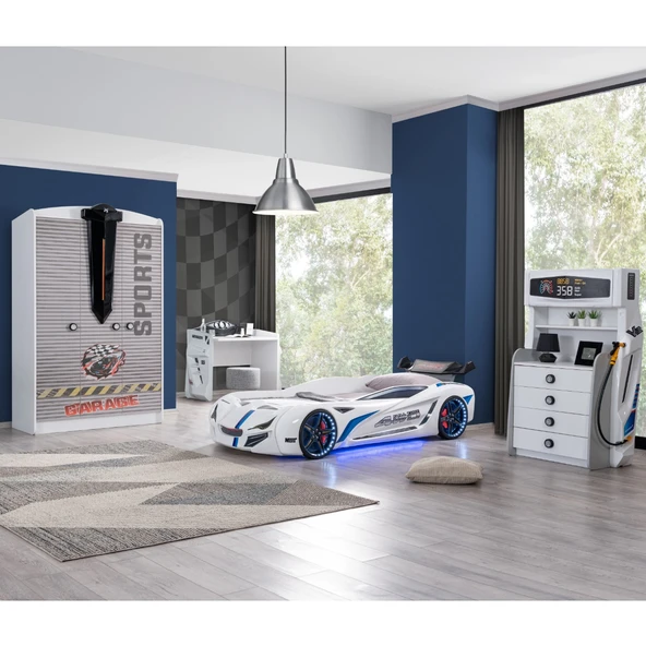 Çocuk Odası - Mercedes Rüzgarlıklı Arabalı Yatak, Sports 3 Kapılı Dolap, Masa, Şifonyer - Beyaz