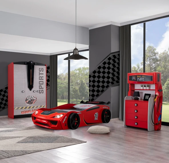 Çocuk Odası - Vento Arabalı Yatak - Sport 3 Kapılı Dolap, Şifonyer - Kırmızı